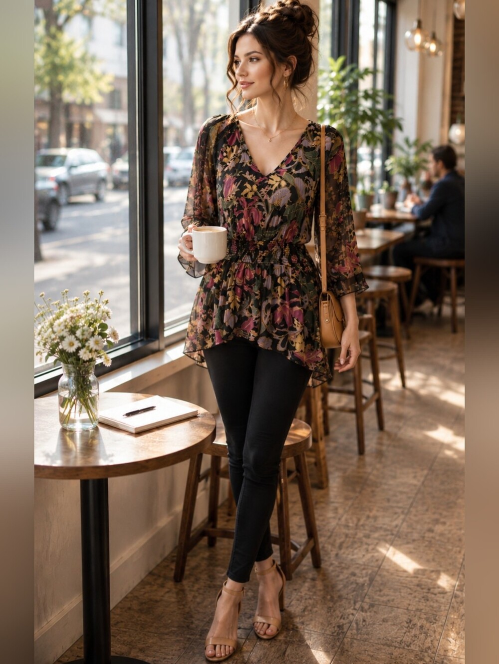 Anthropologie Boho Floral Tunic Blouse XL Petite Sheer Sleeve Peplum Top